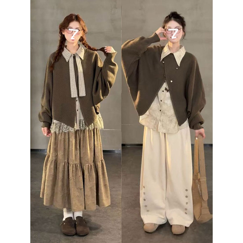 Retro Old Money Style Outfit for Women, Autumn and Winter Batwing Sleeve Knit Sweater with Lace Top and Jacquard Tiered Skirt