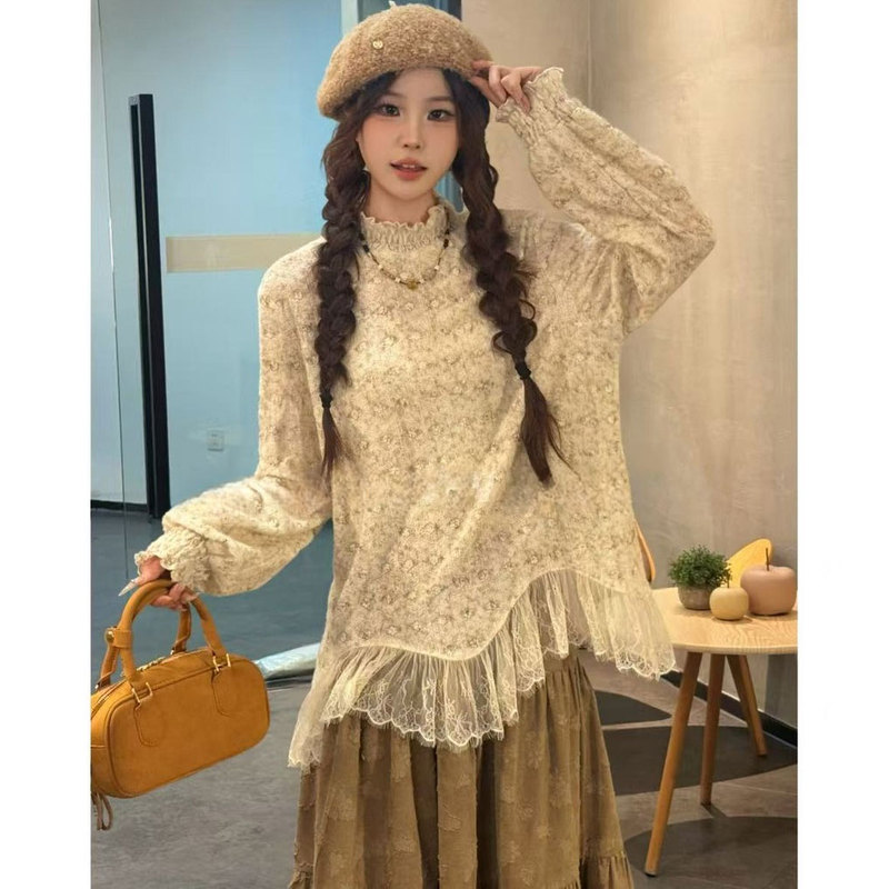 Fashionable and Stylish Lace Blouse with Ruffled Hem and Patchwork Design for Women, Suitable for Layering in Autumn and Winter, Loose Fit, Slimming and Versatile Top Fashionable and Stylish Lace Blouse with Ruffled Hem and Patchwork Design for Women, Suitable for Layering in Autumn and Winter, Loose Fit, Slimming and Versatile Top