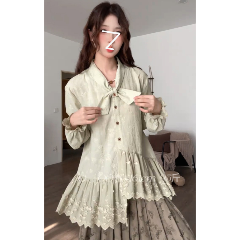 French-Style Ruffled Tie-Up Jacquard Irregular Shirt for Women, Autumn and Winter Inner Wear, Loose, Slimming, Stylish Layered Top