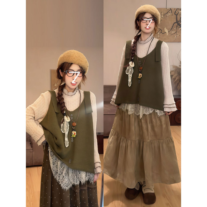 Retro Half-High Collar Lace Shirt, Knitted Vest, Cake Skirt, Autumn and Winter Forest Style Three-Piece Set That Looks Slimming and Age-Reducing Retro Half-High Collar Lace Shirt, Knitted Vest, Cake Skirt, Autumn and Winter Forest Style Three-Piece Set That Looks Slimming and Age-Reducing