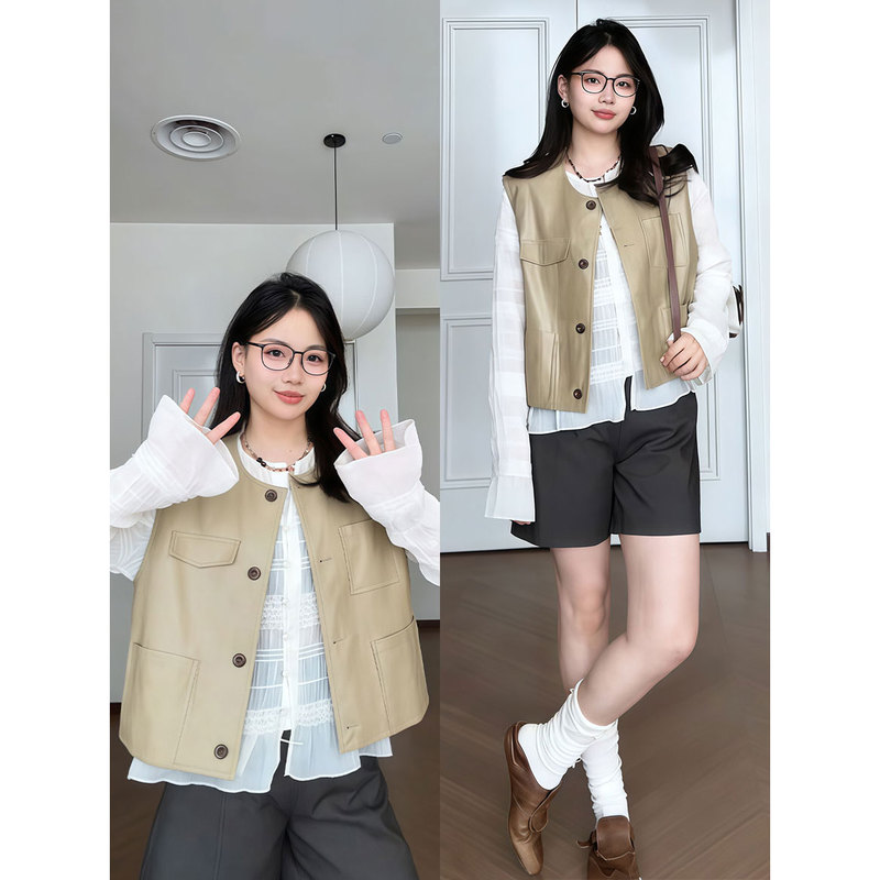 【Southern French Town】Hong Kong-Style Workwear Retro Outfit for Summer: Women's Flared Sleeve Shirt, Pu Leather Vest, Wide-Leg Shorts