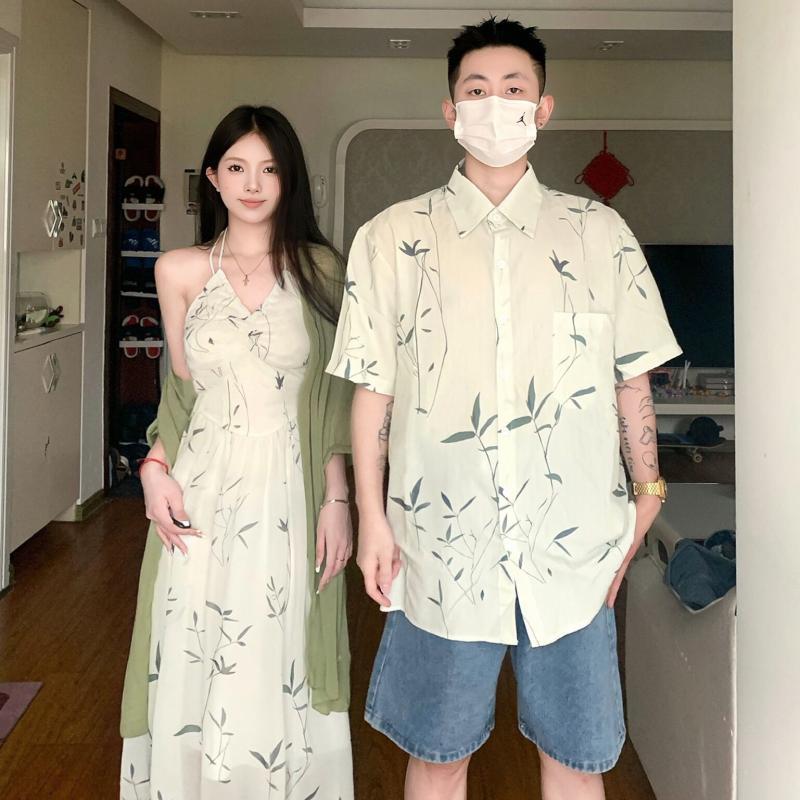 Extra Large Size 150kg Design-Inspired Chinese Style Couple Outfit: Lapel Short-Sleeve Shirt for Men and Retro Halter Dress for Women