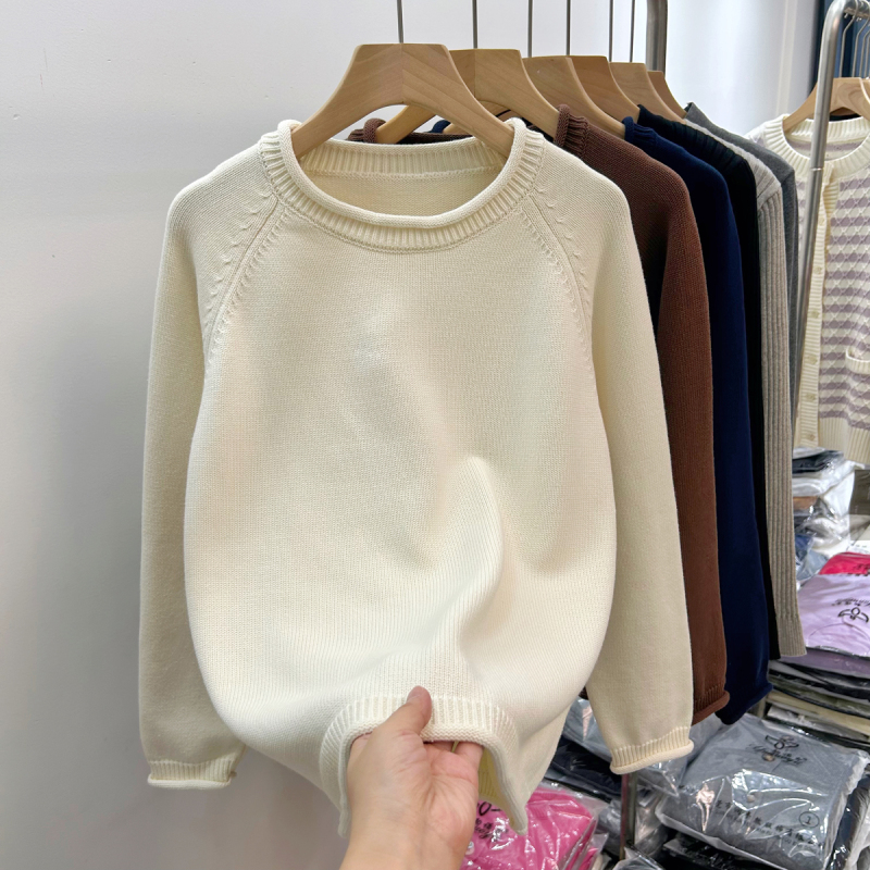 100% Pure Cotton Knitwear for Women, Spring, Autumn and Winter Layered Long-Sleeved Rolled Edge Versatile Non-Pilling Sweater Base Layer