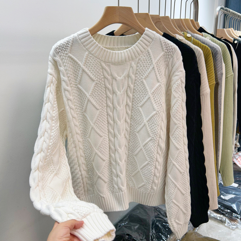 100% Pure Cotton Sweater for Women, Round Neck Pullover, Cable Knit Base Shirt, Autumn and Winter Thickened, Loose, Lazy Style Cotton Knitwear