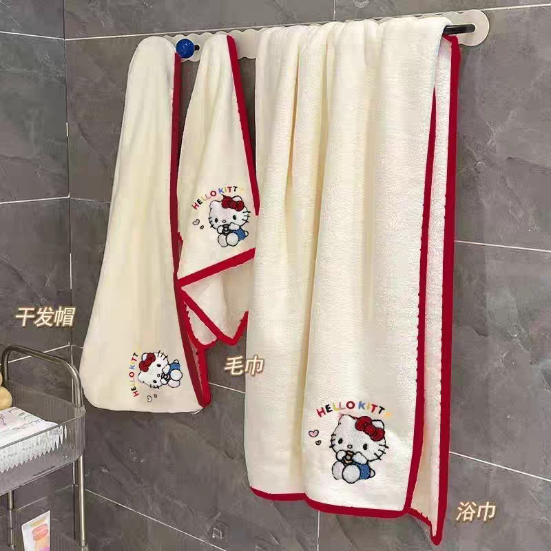 Cute Cartoon Kt Cat Bath Towel for Women, Absorbent Coral Velvet Quick-Drying Hair Cap, Bath Towel Three-Piece Set for Student Dormitory