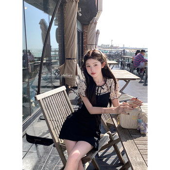 Chi umbrella berlin art exhibition hollow lace jacquard polka dot shirt & covered button waist suspender skirt for women