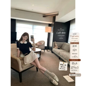 迟伞伞 26/SS Miss Momo Nai miu льняной свитер с двойным воротником + юбка контрастного цвета с грибком