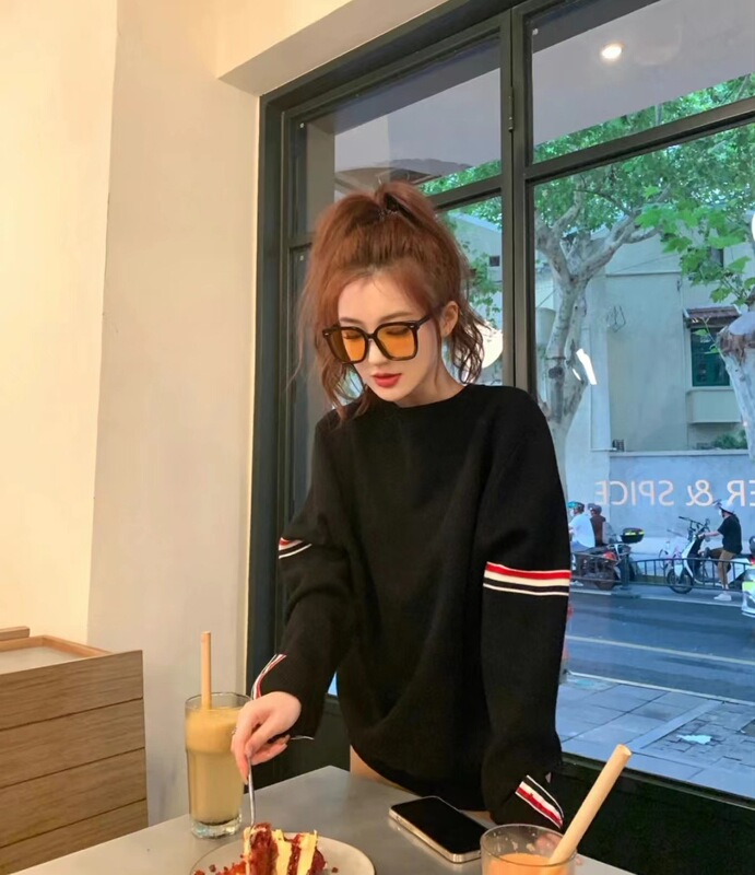 Tb Thom New Casual Round-Neck Knit Sweater Couple Style Versatile Slimming Double-Sleeve Striped Sweater Top for Women