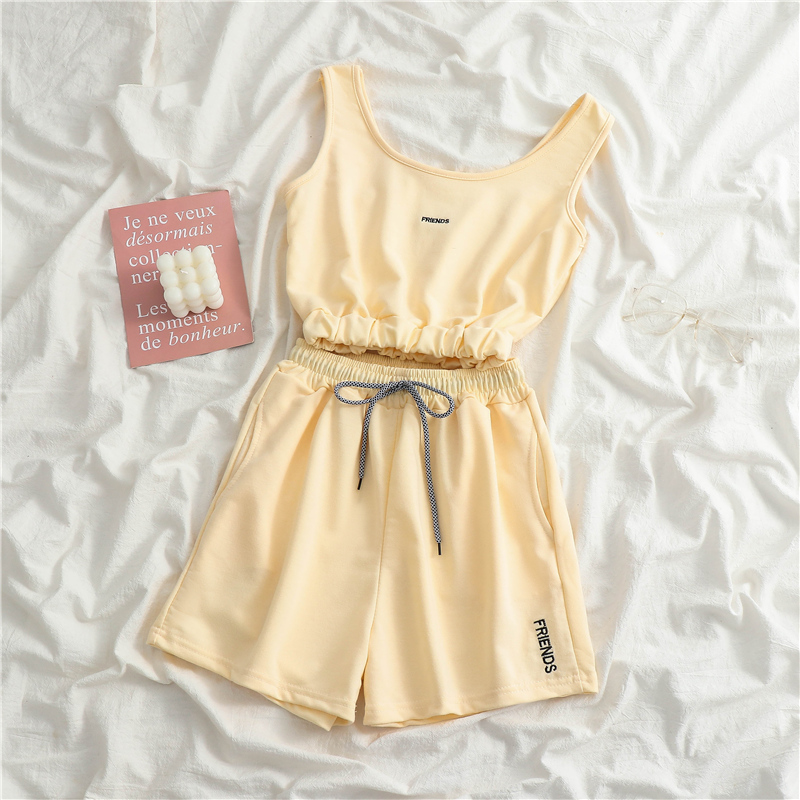Apricot2021 new pattern summer Korean fashion leisure time Athletic Wear suit female vest shorts yoga Bodybuilding run Two piece set