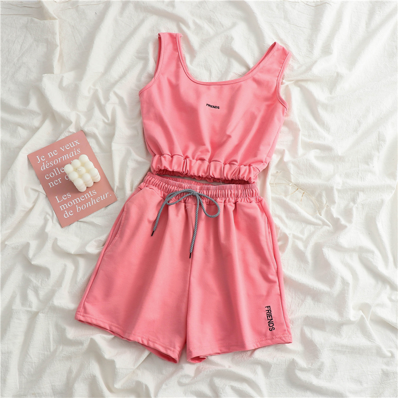 Pink2021 new pattern summer Korean fashion leisure time Athletic Wear suit female vest shorts yoga Bodybuilding run Two piece set