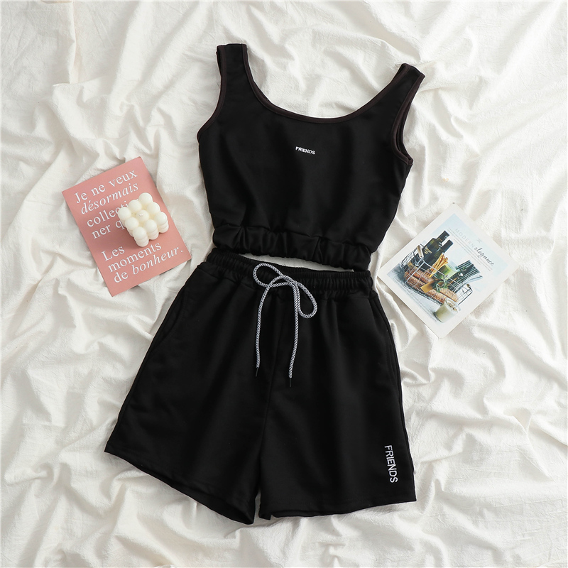 Black2021 new pattern summer Korean fashion leisure time Athletic Wear suit female vest shorts yoga Bodybuilding run Two piece set