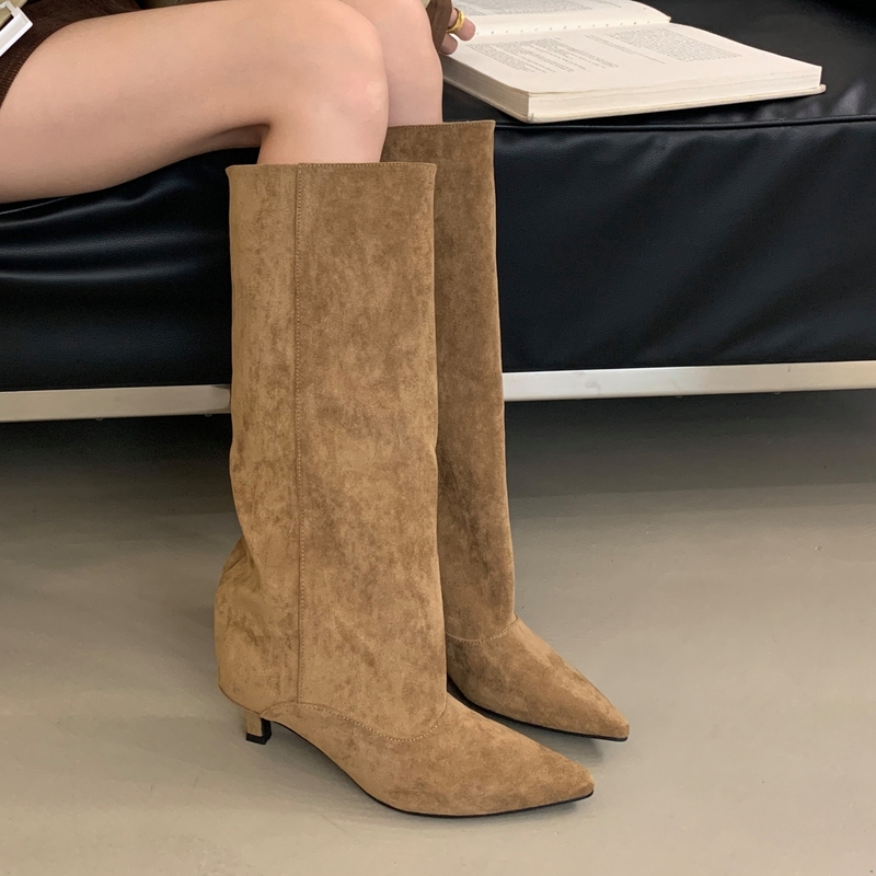 Sylsh Melard Pointed Toe Kitten Heel High Boots for Women, High-End Suede Wide-Leg Boots That Cover the Flesh and Make You Look Slimmer, Fashion Boots for Winter