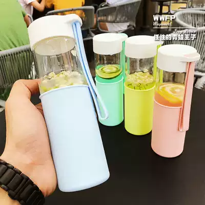 Fresh women's simple water cup glass portable summer simple accompanying cup Car straight cup with lid Office heat-resistant