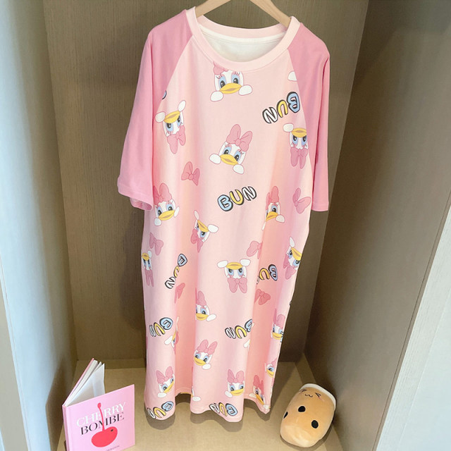 ຜ້າຝ້າຍບໍລິສຸດ nightgown Donald Duck pajamas ສໍາລັບແມ່ຍິງ summer ບາງໆກາງແຂນສັ້ນກາຕູນອິນເຕີເນັດສະເຫຼີມສະຫຼອງຂະຫນາດໃຫຍ່ເຄື່ອງນຸ່ງຫົ່ມເຮືອນນັກສຶກສາ