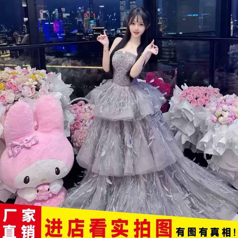 Photo Studio Theme Wedding Dress Strapless Feather Cake Skirt Beaded Evening Dress Women's Banquet Gray Swan