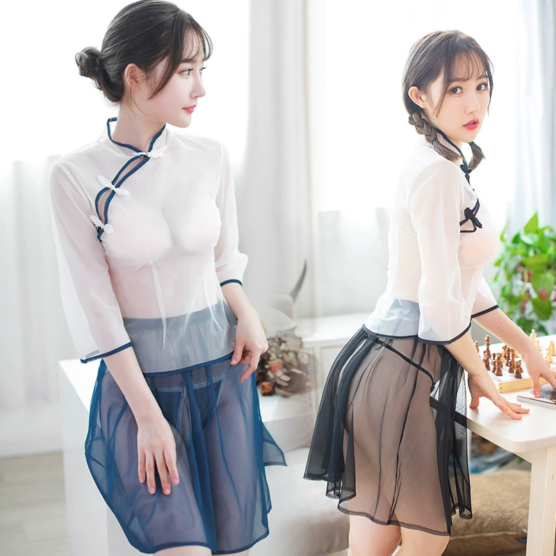 Cô gái lưới gạc trong suốt bó sát sexy retro Đồng phục học sinh Cộng hòa lưới gạc trong suốt váy ngủ váy lót - Đêm đầm