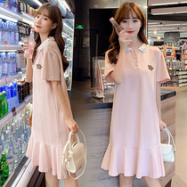 Ocean Gas Pregnant Women Summer Clothes Pure Color Polo Lotus Leaf Side Dress Fashion Dresses Fashion style Loose Nets Red and Aging Tide Hot Mothers Summer