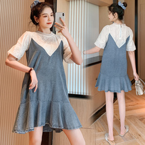 Net Red Gestational Woman Dress Summer Dress Denim Splicing Doll Lactation Dress Dress Foreign Air Weight Loss and Spicy Mother Skirt Summer