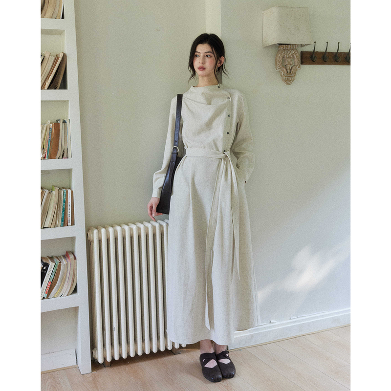 Er Yang Design [Duyun Gui] High-End Long and Short Sleeve Asymmetrical Placket Dress for Women, Intellectual Style Waist-Cinching Dress