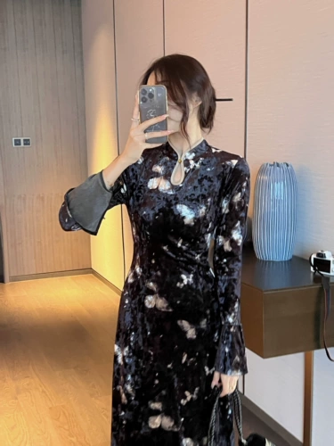 Дизайнерский ретро бархатный лонгслив, ципао, платье, китайский стиль