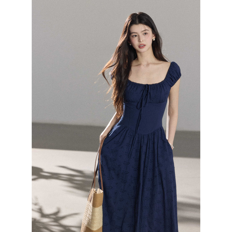Er Yang Design [Flower Language on Hibiscus] 100% Cotton Vintage Style Square Neck Hollow Embroidered Dress Women's Summer A-Line Long Dress