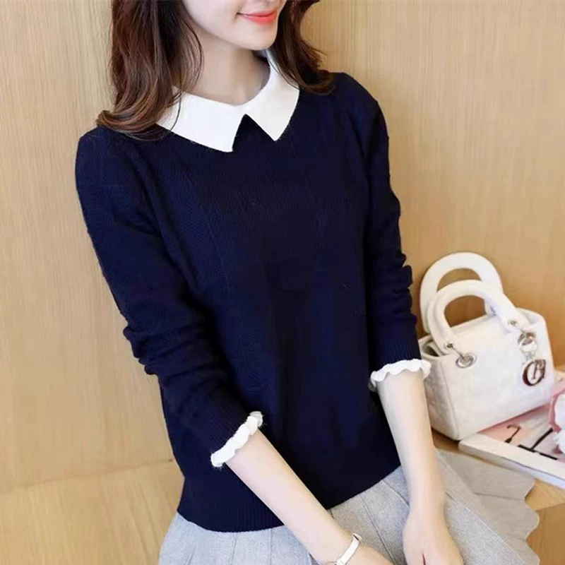 Autumn 2026 New Style Doll Collar Faux Two-Piece Sweater for Women, Winter Knitwear with Fleece Lining