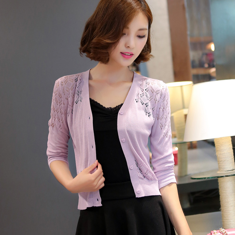 Knitted cardigan thin jacket spring and summer new autumn short sweater hollow out small shawl sunscreen shirt