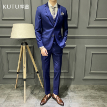 Blue double button suit suit mens three-piece slim business formal suit small suit groom groom wedding dress