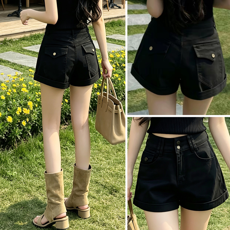 American-Style Black Denim Shorts for Women, 2026 Summer Thin A-Line Double-Button Rolled Hem Stretchy Three-Quarter Hot Pants Trendy
