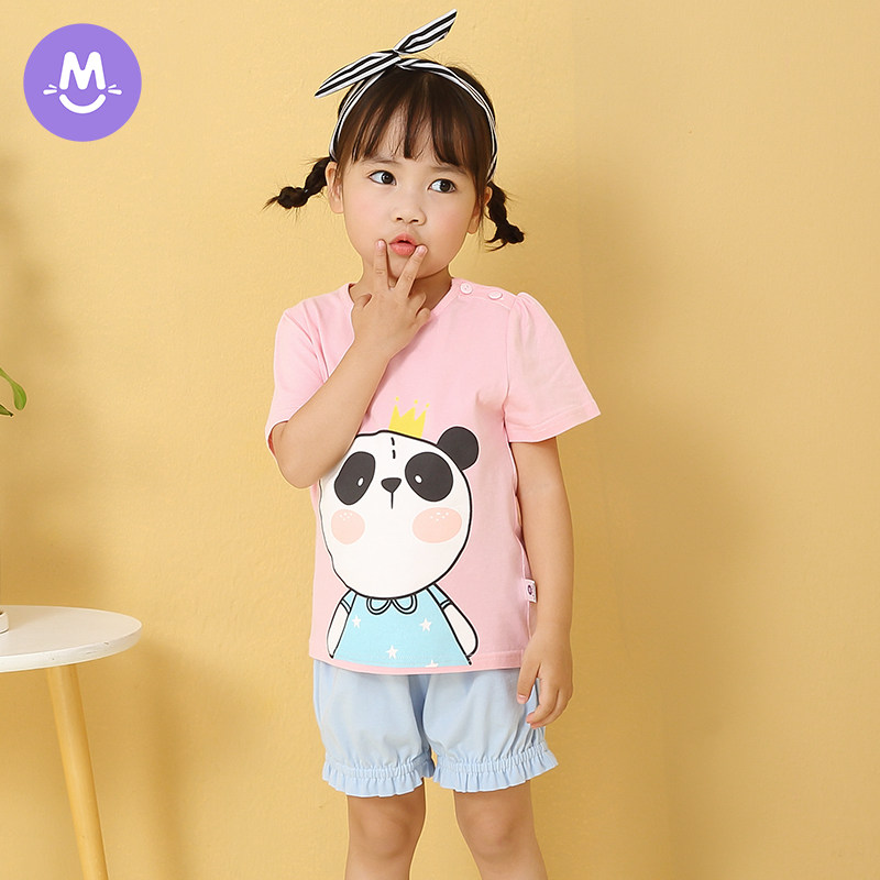 (Clear Cabin) Girl Short Sleeve T-shirt Suit Children Home Air Conditioning Suit Summer Thin baby Two sets of baby
