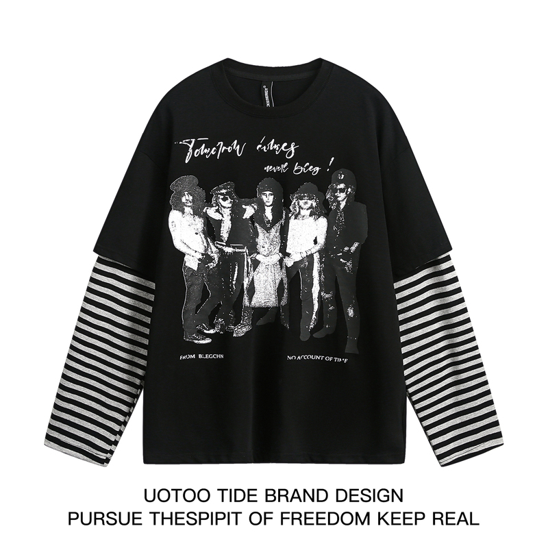 Uotoo American Retro Fake Two-Piece Character Striped Long-Sleeve T-Shirt for Men and Women, Spring and Autumn Loose Punk Street Base Shirt Uotoo American Retro Fake Two-Piece Character Striped Long-Sleeve T-Shirt for Men and Women, Spring and Autumn Loose Punk Street Base Shirt