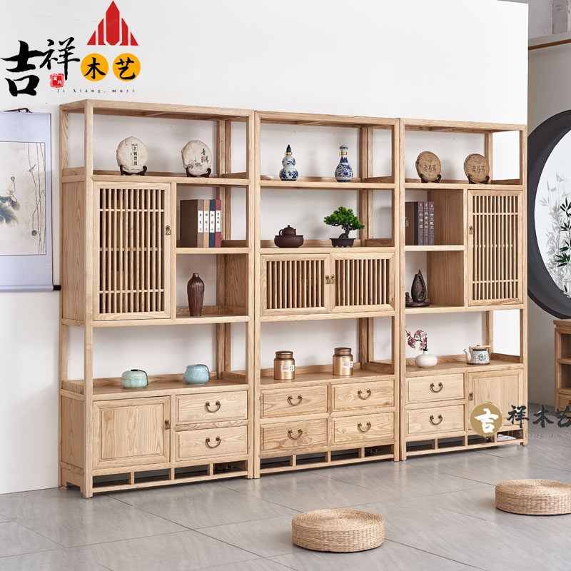 Bogu shelf solid wood Chinese ash wood tea display cabinet office bookcase file cabinet tea room rack log