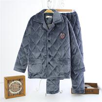 Old Man Mens padded pajamas winter three-layer home clothing plus velvet cotton set double-sided velvet thickened mens model