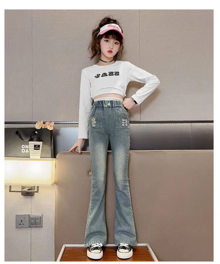 Джинсы детские 女童喇叭裤秋冬新款儿童加绒牛仔裤韩版洋气中大童时尚显瘦微喇裤