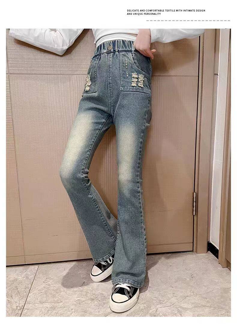 Джинсы детские 女童喇叭裤秋冬新款儿童加绒牛仔裤韩版洋气中大童时尚显瘦微喇裤