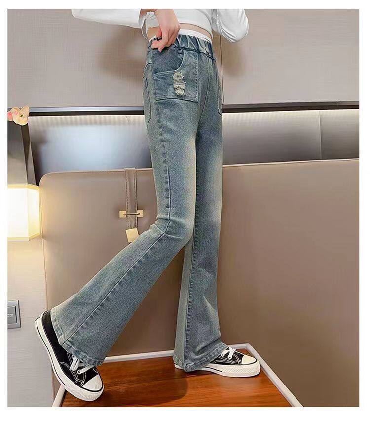 Джинсы детские 女童喇叭裤秋冬新款儿童加绒牛仔裤韩版洋气中大童时尚显瘦微喇裤