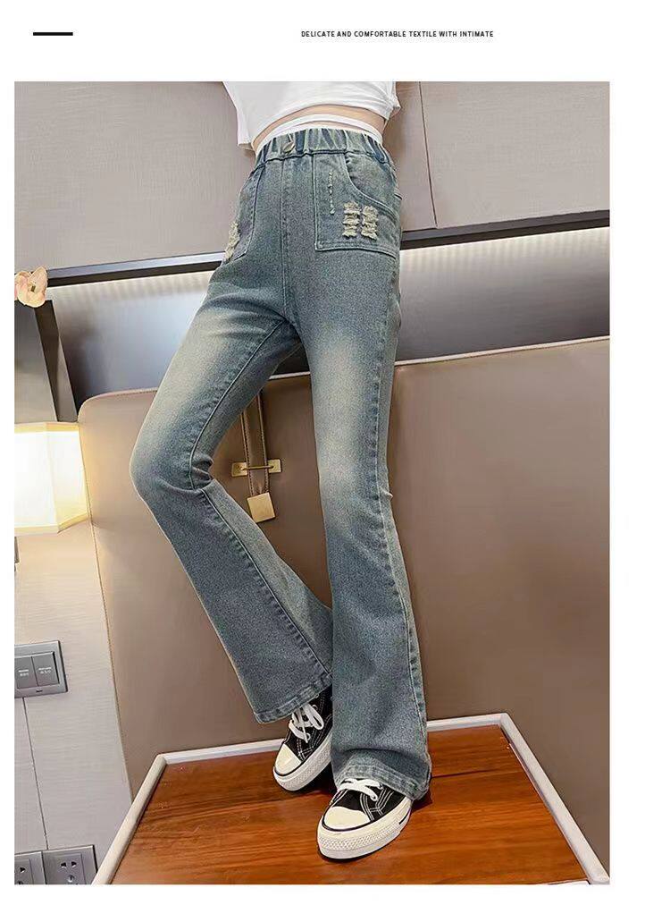 Джинсы детские 女童喇叭裤秋冬新款儿童加绒牛仔裤韩版洋气中大童时尚显瘦微喇裤