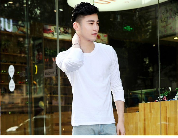 Áo thun nam tay dài cotton cổ tròn Slim size cỡ lớn màu trắng tinh khiết Hàn Quốc áo thun nam chạm đáy áo mùa thu quần áo t shirt skull