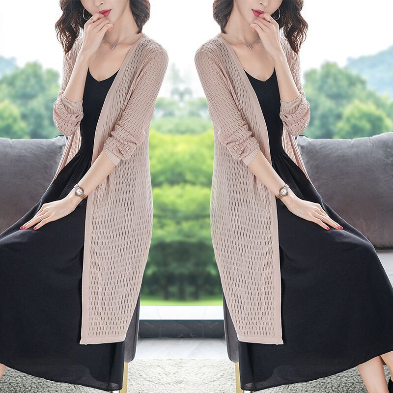 Ice Silk Knit Cardiovert Lady Spring Autumn Thin out of hollowed out Shoulder Summer Cloak jacket with long version of the dress