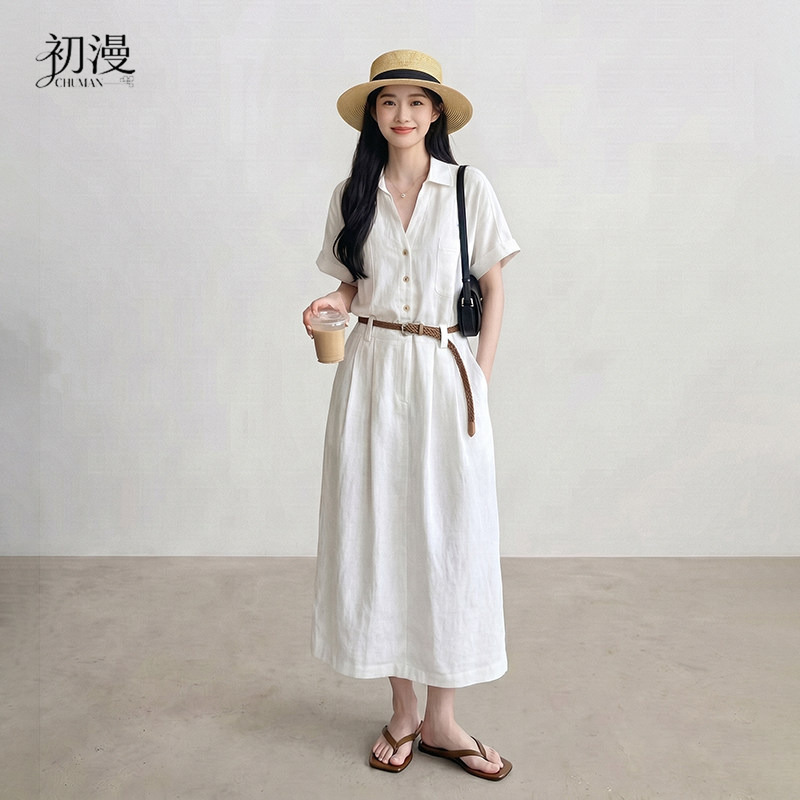 Off-White Old Money Style Dress for Women, Summer 2026 New Model, Relaxed Fit, High-End Elegant Linen Waist-Cinching Mid-Length Dress