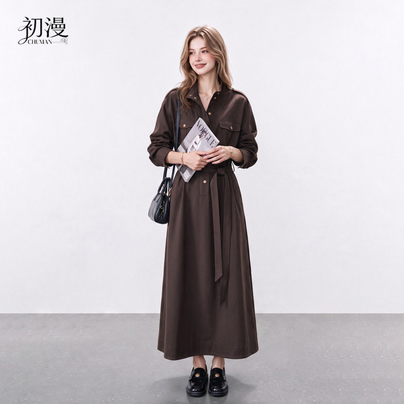Cm Chuman Brown Dress for Women, Autumn 2026 New Style, Light Luxury Retro Hepburn Waist-Cinching Work Shirt Long Dress