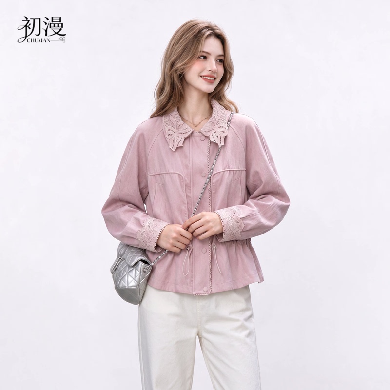 Cm Chuman Pink Jacket for Women, Autumn 2026 New Korean Style Gentle Drawstring Waist-Tightening Patchwork Jacket Top