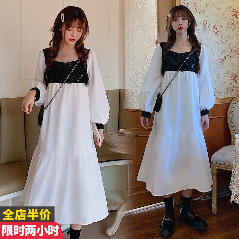 Autumn and winter gestation with autumn clothing temperament for small fragrance and spicy mother long dress black and white splicing lantern sleeve square collar foreign dress