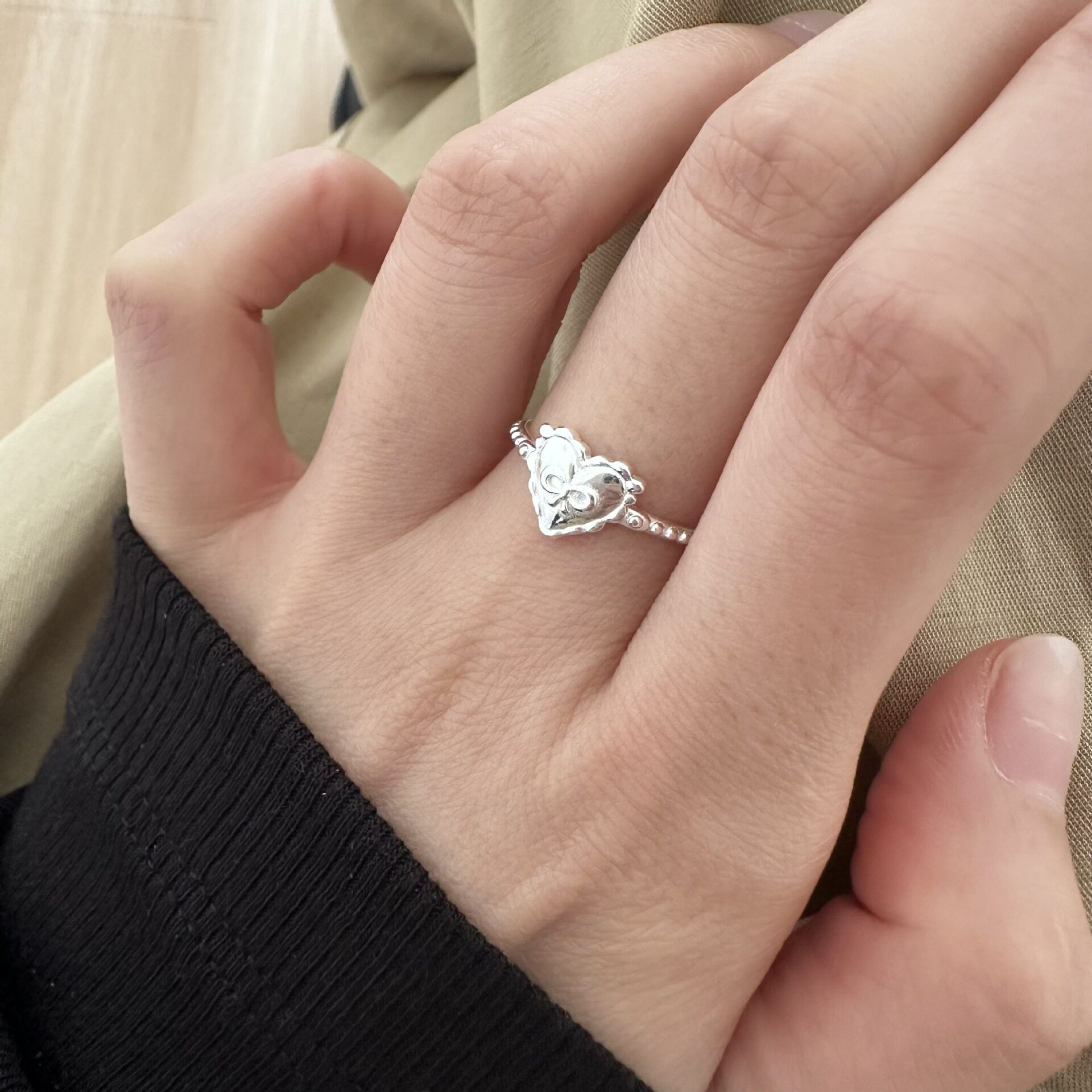 S925 sterling silver love bow open ring Japanese and Korean