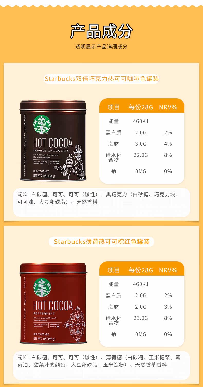 Напитки какао/шоколад 美国starbucks星巴克薄荷味可可粉白罐装冲饮品热咖啡伴侣198g