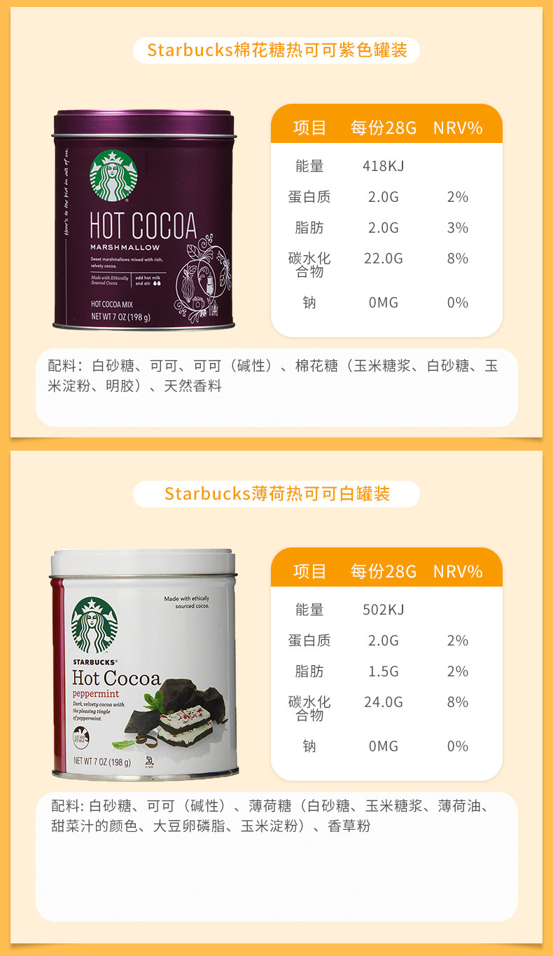 Напитки какао/шоколад 美国starbucks星巴克薄荷味可可粉白罐装冲饮品热咖啡伴侣198g