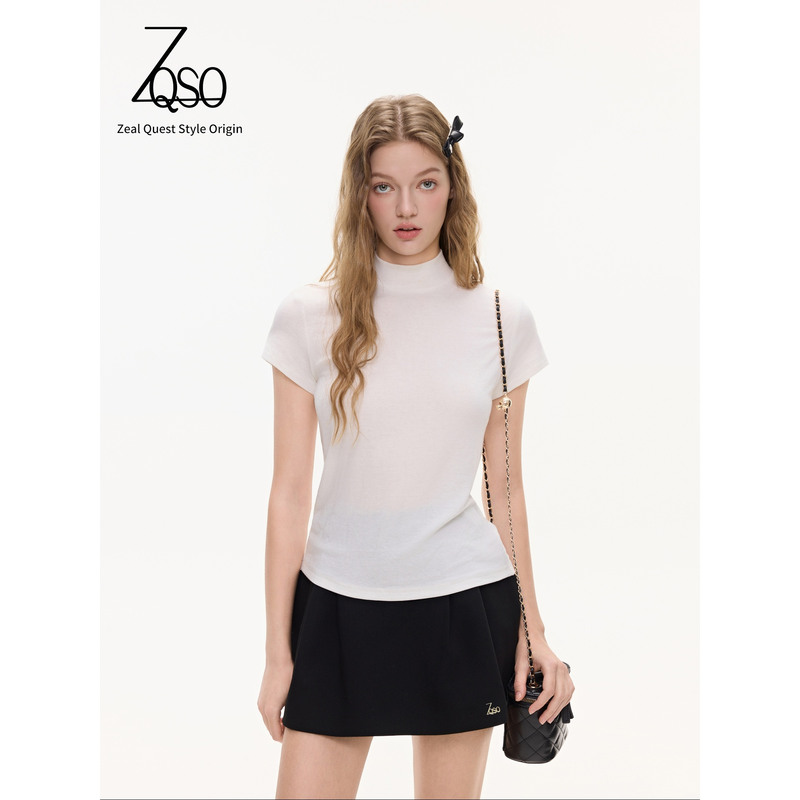 Zqso Minimalist Style Casual White Half-High Collar Short-Sleeve T-Shirt with Textured Slim Fit Versatile Knit Flutter Sleeve T-Shirt
