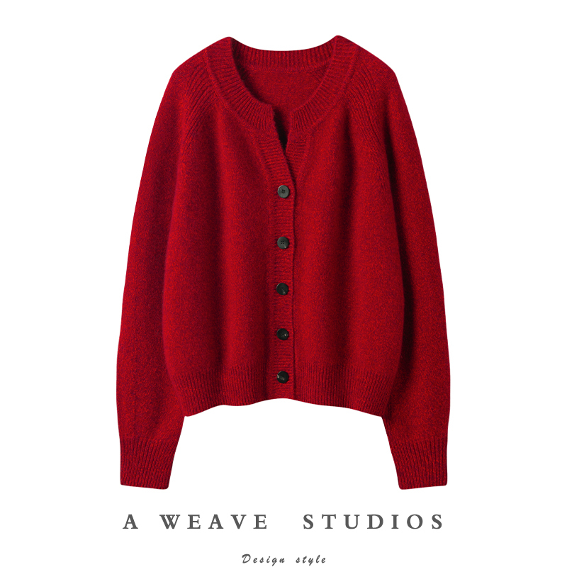 Purely Alluring Ruby Red~ Thickened Cashmere Cardigan for Women, Red Knitted Pure Cashmere Sweater Coat, Loose Fit for Autumn and Winter