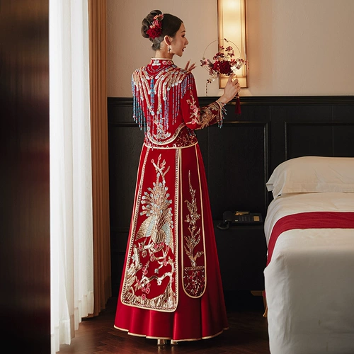 Бархатный традиционный свадебный наряд Сюхэ, свадебное платье, коллекция 2023, дракон и феникс