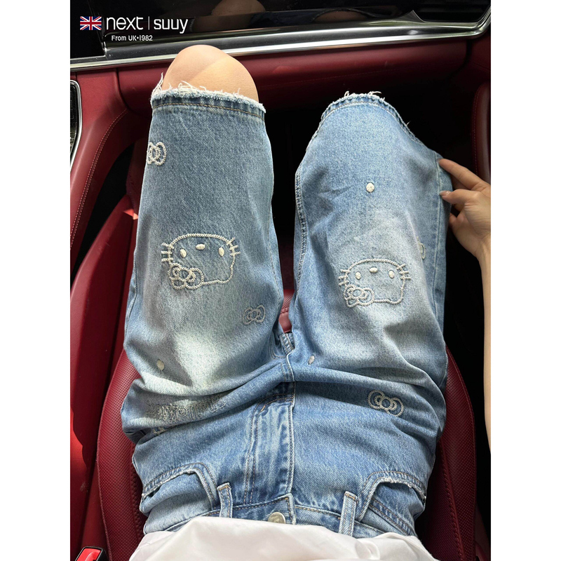 Next Suuy Uk Collaboration Cartoon Kt Cat Cropped Denim Shorts for Women, Summer High-Waisted Wide-Leg Straight Shorts